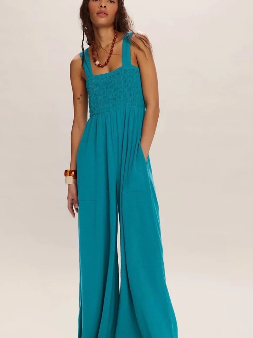 Free People Beach Homecoming Teal Smocked Wide-Leg Jumpsuit